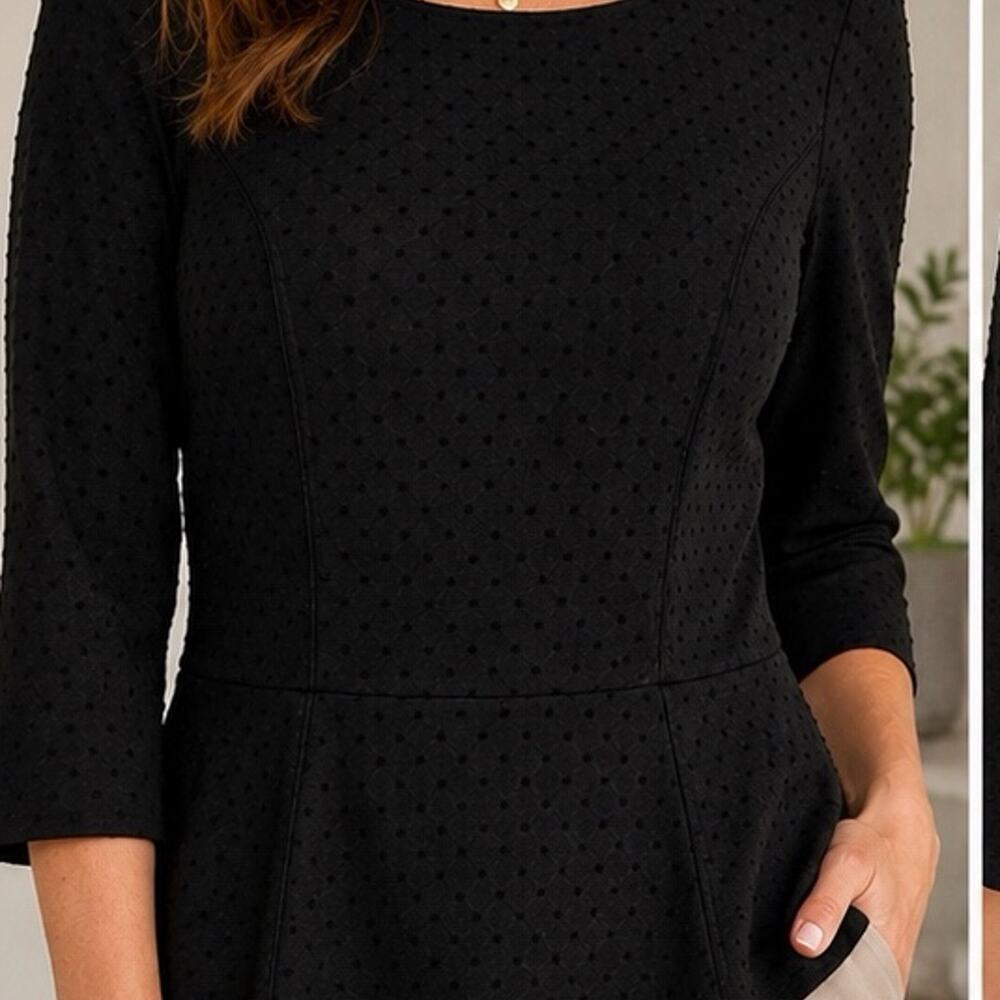 White House Black Market Black Swiss Dot Peplum Blouse Women’s Size12 3/4 Sleeve